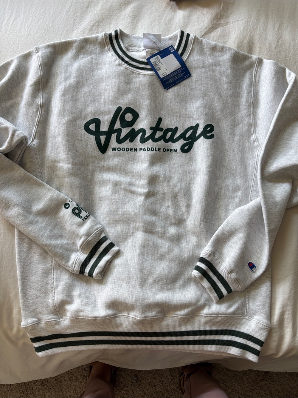 Vintage Pickleball Wooden Paddle Open Champion White Crewneck Sweatshirt
